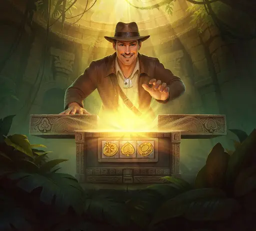 Ενθουσιασμένος εξερευνητής που ανοίγει ένα λαμπερό ιερό κιβώτιο σε κρυφό ναό, συμβολίζοντας την αποκάλυψη σπάνιων ανταμοιβών και αποκλειστικών ευκαιριών μέσα από το μπόνους sankra